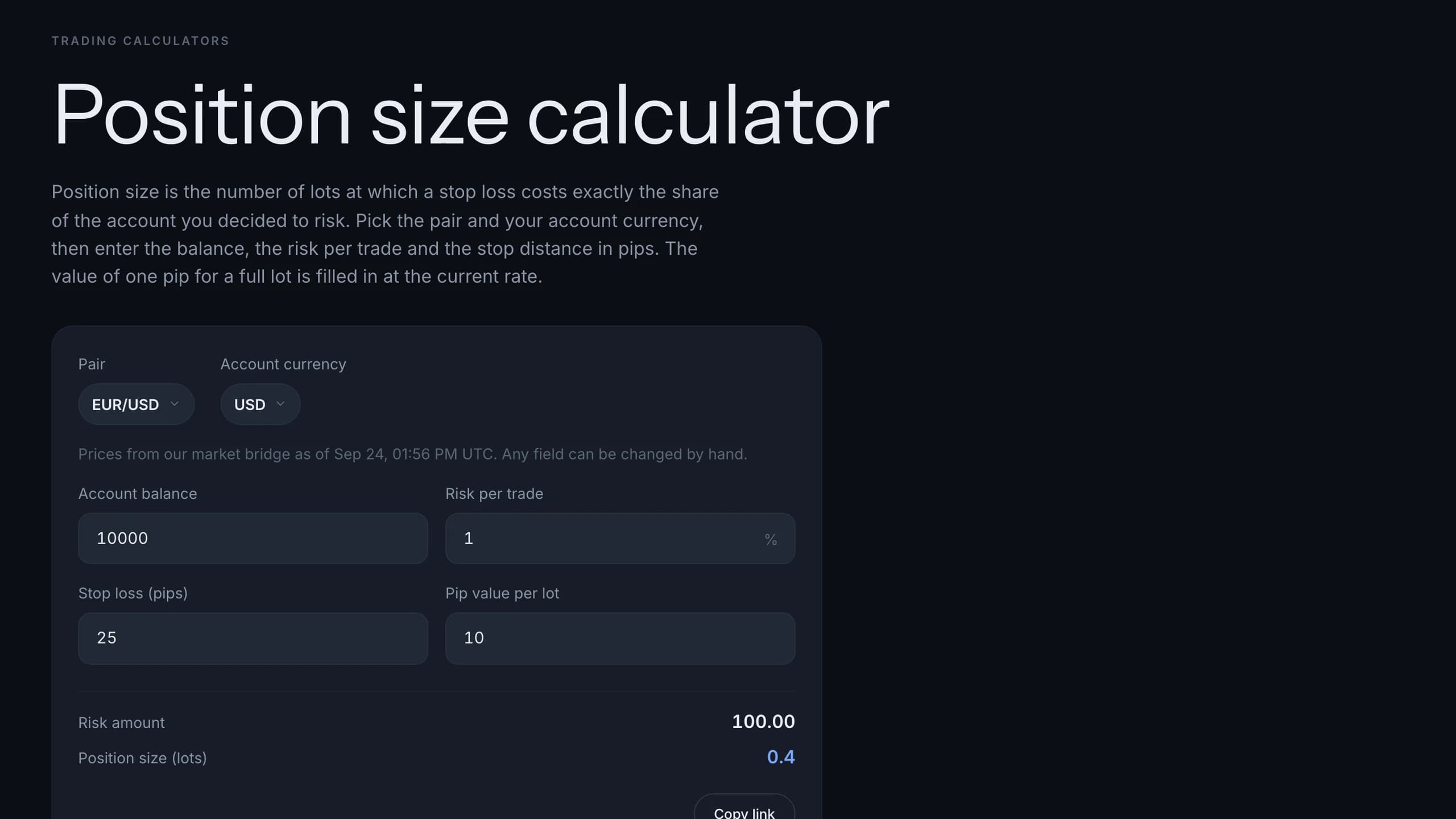 Position size calculator on TradersWeek with the EUR/USD pip value filled in from live quotes