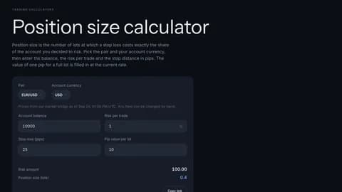 Position size calculator on TradersWeek with the EUR/USD pip value filled in from live quotes