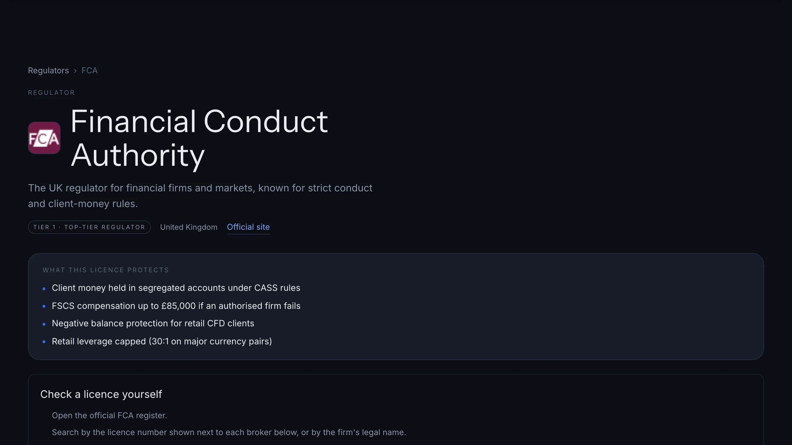 FCA regulator page in the TradersWeek Brokers directory with the Check a licence yourself block